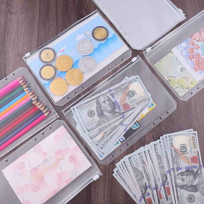 Antner 12PCS A5 Binder Pockets 6 Holes Budget Cash Envelopes for Budgeting, Clear Zipper Folders Planner Inserts Loose Leaf Bags Binder, Waterproof PVC Document Pouch Filing