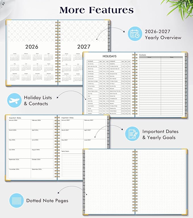 Planner 2026-2027, 18 Months Weekly and Monthly Hardcover Planner, January 2026 - June 2027, 8.5" x 11" A4 Large Daily Calendar Planner Book with Tabs, Spiral Yearly Agenda Organizer Notebook for School Work Home, Sky Blue