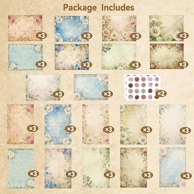 60 Vintage Floral Stationery Set - 30 Lined Writing Paper 30 Matching Envelopes 40 Self-Adhesive Seals Stickers - Bleed-Resistant Paper for Camp Letters Birthday Notes (Vintage)