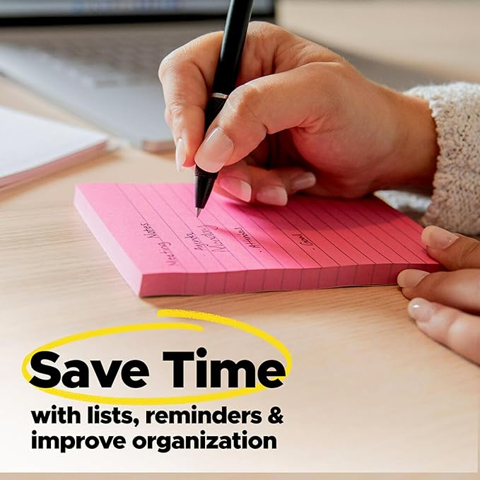 Post-it Notes, 4 in x 6 in, 5 Lined Sticky Note Pads, 100 Sheets per Pad, Beachside Café Collection, New Year Organization or Second Semester School Supplies