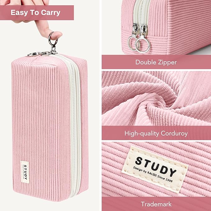 KALIDI Large Pencil Case Corduroy Pencil Pouch Box Cute School Supplies for Teen Girls Boys, Pink