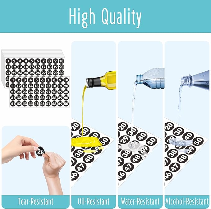 750 PCS Round Number Sticker, 15 Sheets Consecutive Black Vinyl Labels 1-50 Self-Adhesive Dot Stickers for Indoor, Outdoor, Office, Classroom, Storage, Organizing, Boxes (1 Inch Each)