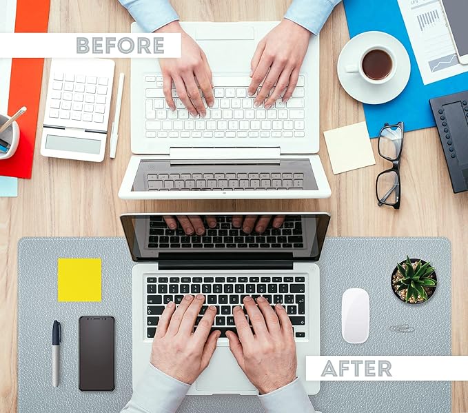 FTC PU Leather Desk Pad & Desk Blotter, Non-Slip Flannelette Base, Stitched Desk Mat for Keyboard, Mouse & Writing, Home or Office (Smokey Blue, 31.5” x 15.75”)