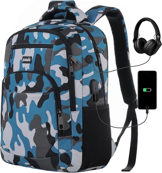Backpack for Men,College Backpack School Bookbag for Teens,Laptop Bookbag with USB Port and Headphone Hole,Camouflage Blue