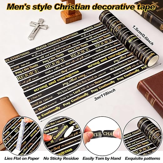 Janlaugh 24 Rolls Christian Washi Tape for Bible Journaling Valentine Black Gold Bible Verse Decorative Tape Bulk Religious Inspirational Scripture Supplies Gifts for Arts DIY Crafts Journals Wrapping