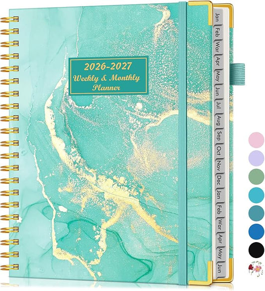 Planner 2026-2027, 18 Months Weekly and Monthly Hardcover Planner, January 2026 - June 2027, 8.5" x 11" A4 Large Daily Calendar Planner Book with Tabs, Spiral Yearly Agenda Organizer Notebook for School Work Home, Teal Marble