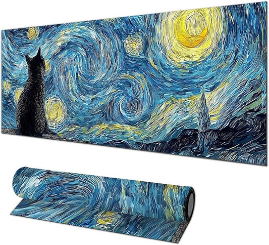 Black Cat XL Mouse Pad 31.5 x 11.8 Inch Gaming Mousepad Diatomite Large Keyboard Mouse Pad for Home and Office Desk Accessories with Night Sky Swirl Cat Silhouette Artwork