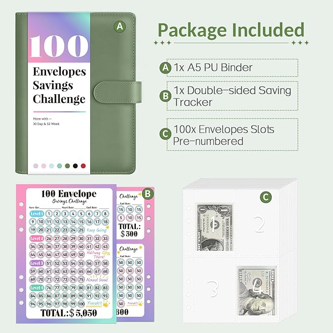 Sooez 100 Envelopes Money Saving Challenge, Savings Challenges Book with Envelopes, Flexible Saving $5050, $2600, $300, Savings Binder with 100 Pocket Pre-Number & Reusable Laminated Tracker