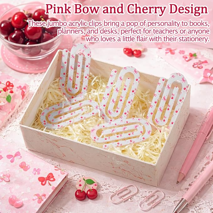 Tinlade 12 Pcs Cherries Bow Jumbo Acrylic Paper Clips 4 x 2 Inch Giant Cute Red Paperclips for Teachers Students Classroom Office Bookmark Gift Desk Home Accessories Book Lovers