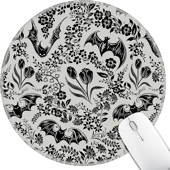 Goth Bat Floral Mouse Pad for Desk, Gothic Small Cute Mousepad with Non-Slip Base, Round Mouse Pads for Wireless Mouse Laptop Gaming, Computer Mouse Mat for Office Decor Desk Accessories