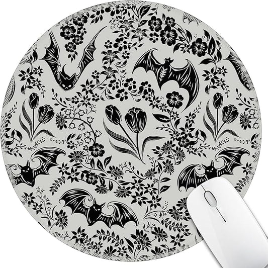 Goth Bat Floral Mouse Pad for Desk, Gothic Small Cute Mousepad with Non-Slip Base, Round Mouse Pads for Wireless Mouse Laptop Gaming, Computer Mouse Mat for Office Decor Desk Accessories