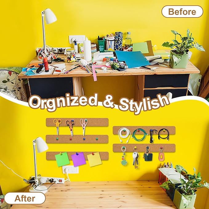 Cork Board Strips, 6 Pack 15 x 2 x 0.5 in Adhesive Cork Boards for Walls Office with 50 Push Pins for Paste Notes, Photos, Schedules, Photos