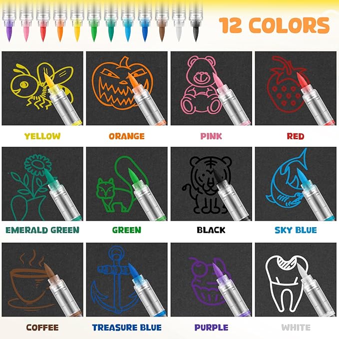 Prudiut 12 Color Acrylic Paint Markers, Soft Brush Tip Acrylic Paint Pens Markers, Art Pens for Wood, Canvas, Glass & Rock Painting, Water Resistant Ink DIY Crafts Supplies, Christmas Crafts