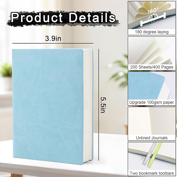 DreamDove Thick Blank Journal Notebook 400Pages Hardcover Sketch Book Notebook Blank Journal Unlined No Lines Soft Leather Cover A6 (3.9 × 5.5) Journal Leather Notepad Drawing Book Memo Writing Sketch Pad Diary Notebook (Sky Blue-400 Page)