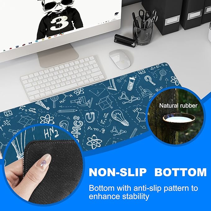 Desk Mat, Blue School Science Formula Extended Gaming Mouse Pad Large, 35.4"x15.7" Big Mouse Pad with Non-Slip Base and Stitched Edge, Long Computer Keyboard Mouse Mat for Home Office Work