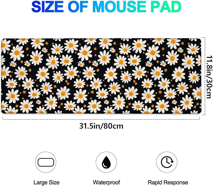 Retro Daisy Gaming Mouse Pad, Extended White Daisies Floral Desk Mat Computer Laptop Mousepad, Robust Stitched Edges, 31.5"×11.8" Large Office Keyboard Mouse Pads for Home Desktop Decor