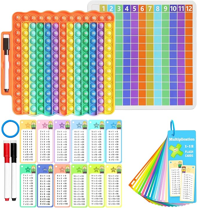 Multiplication Flash Cards + Pop Fidget Multiplication Chart, Times Table Educational Flashcard 3rd Grade, 4th, 5th, 6th Grade for Kids Home School