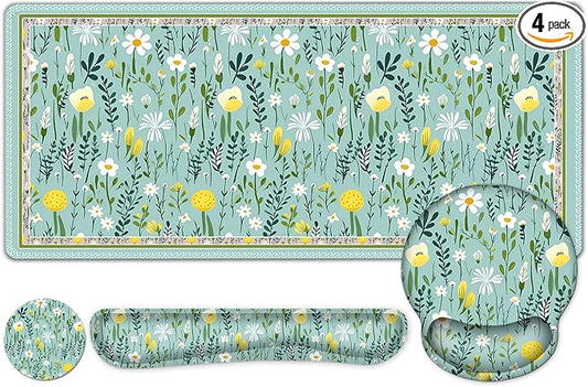 Floral Desk Mat, 4in1 Large Mouse Pad with Wrist Rest, Desk Matt for Desktop, Desk Pad Mat, Anti-Slip XXL Computer Ergonomic Mousepad with Wrist Support for Keyboard and Mouse I Green Elegant Flowers