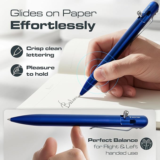 BASTION Aluminum Bolt Action Pen with Gift Case - Luxury Executive Retractable Lightweight Metal Ink Refillable Office Pocket EDC Fine Point Writing Ballpoint Pens for Men & Women