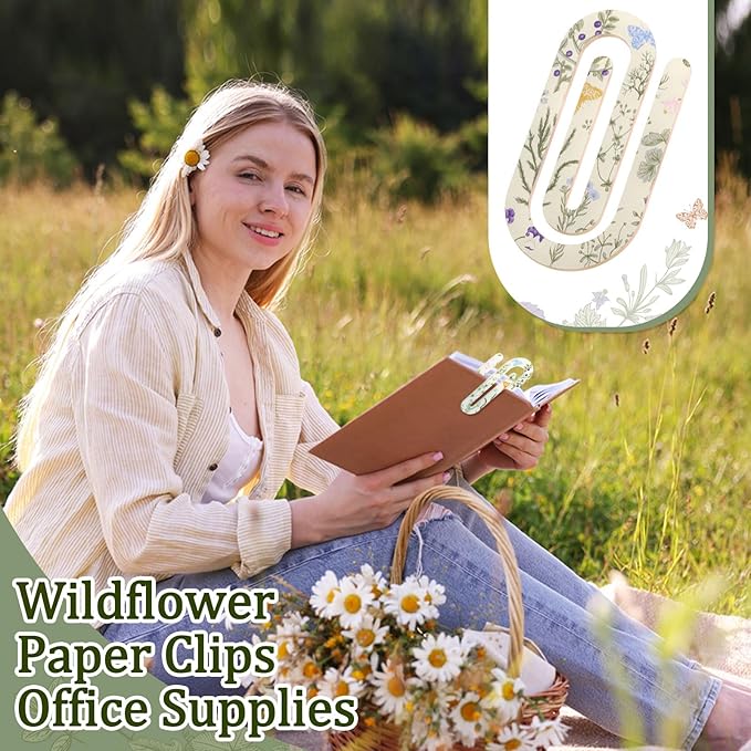 Tinlade 12 Pcs Spring Wildflower Jumbo Acrylic Paper Clips 4 x 2 Inch Cute Giant Retro Flower Plant Paperclips for Teachers Students Classroom Office Bookmark Gift Home Desk Accessories Book Lovers