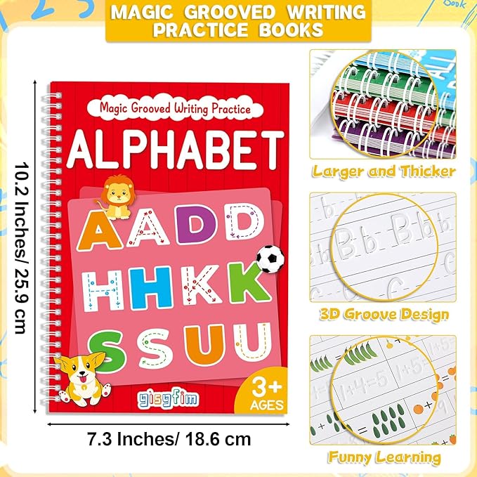 8 Pieces Magic Grooved Writing Practice Books Disappearing Ink Pens Reusable Groove Workbooks Tracing Handwriting Practice Without Tears for Kids Kindergarten Preschool Supplies,10.2 x 7.3inch