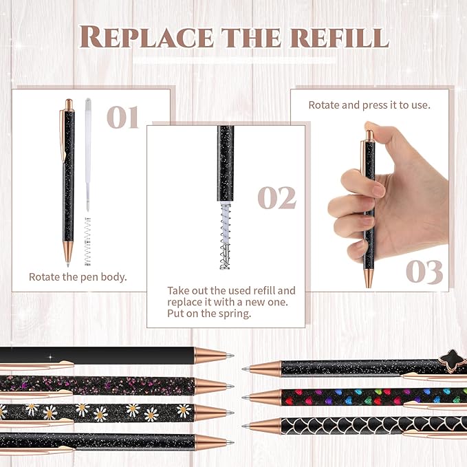 Sherr 7 Pcs Fancy Pens for Women Cute Sparkly Glitter Pens with 10 Pcs Black Ink Refills Pretty Gifts for Girls Office School Christmas Graduation(Simple)