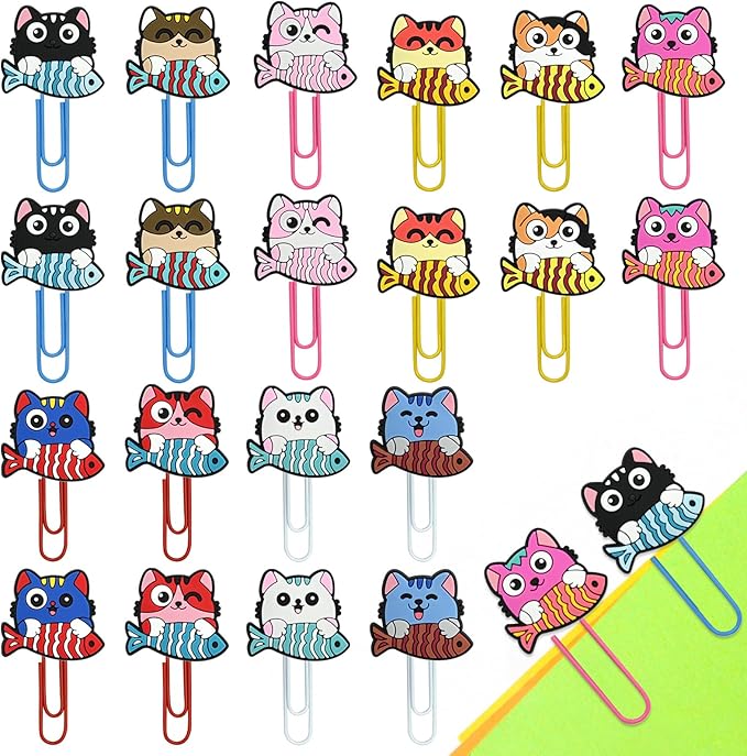 Cute Paper Clips,20Pcs Cute Pet Cat Bookmark Paperclips Bulk Metal Fun Kitten Eats Fish Planner Clip Charms Clamp Desk Accessories Stationery Colorful Office Supplies Student Teacher Party gifts Decor