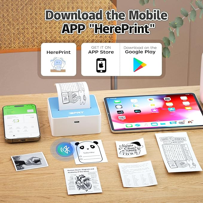 iDPRT Sticker Printer - Mini Portable Printer Bluetooth Thermal Label Printer with 1 Roll Sticker Paper, Inkless Sticker Maker Machine Pocket Instant Print for Study Notes, Pictures, DIY, Blue