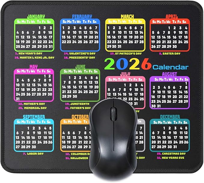 Calendar Mouse Pad 9.5 X 7.8 in, Mouse Pads with Stitched Edges and Non-Slip Rubber Base, Home Office Desk Decor Accessories for Computer Laptop Work Gaming (Black 2026 with Holidays)