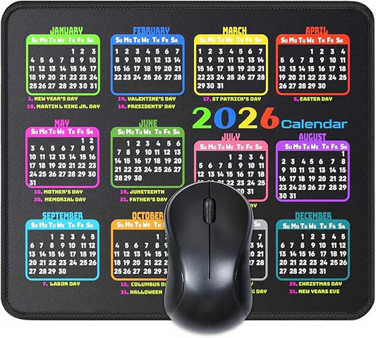 Calendar Mouse Pad 9.5 X 7.8 in, Mouse Pads with Stitched Edges and Non-Slip Rubber Base, Home Office Desk Decor Accessories for Computer Laptop Work Gaming (Black 2026 with Holidays)