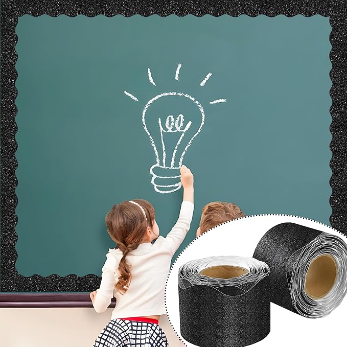 131 Ft Black Glitter Bulletin Board Borders Black Scalloped Bulletin Board Trims Shiny Decorative Border Trims Sparkle Self-Adhesive Border Stickers for Classroom School Home Office Blackboard Desk