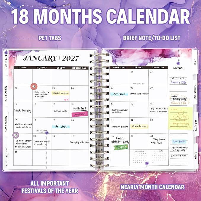 Planner 2026-2027, Large 18 Months Academic Daily Weekly Monthly Planner Yearly Agenda Jan. 2026–June. 2027, 7.9" x 9.8", Page Tabs, Separator Page, Pocket Folder, Bookmark, Stickers, Sticky Note Set