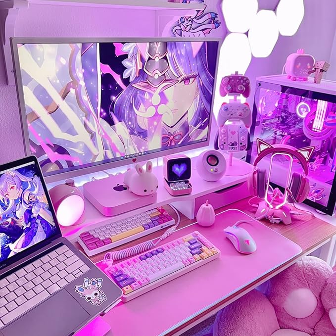 Tilted Nation Cute Headphone Stand Pink | Headset Stand with RGB, Mouse Bungee Holder, and 2 Port USB Hub Charger - Desk Gaming Accessories