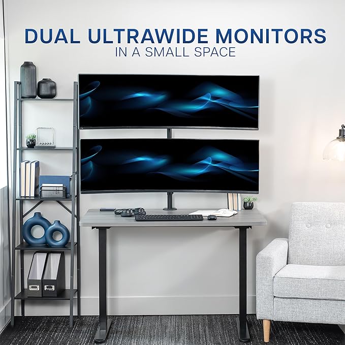 VIVO Dual Vertically Stacked Ultra-Wide Monitor Desk Mount for up to 49 inch Ultrawide Screens, Extra Tall Heavy Duty Adjustable Stand Holds 44 lbs Per Screen, Black, STAND-V202R