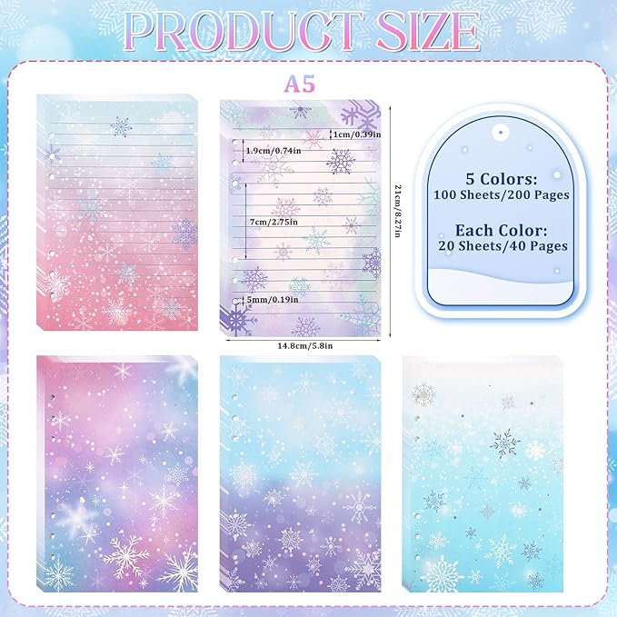 100 Sheets Snowflake A5 Refills Papers for Planner Insert Binder, 120GSM Thick Ice Princess Notebook Fillers, Magic 6 Hole Loose Leaf Papers for A5 6 Ring Binder Journal Diary Budget Winter Christmas