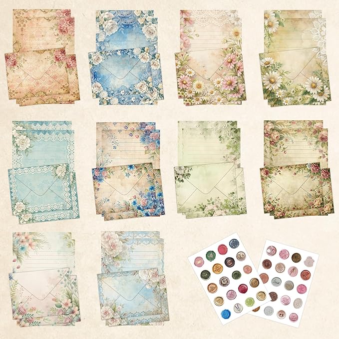 60 Vintage Floral Stationery Set - 30 Lined Writing Paper 30 Matching Envelopes 40 Self-Adhesive Seals Stickers - Bleed-Resistant Paper for Camp Letters Birthday Notes (Vintage)