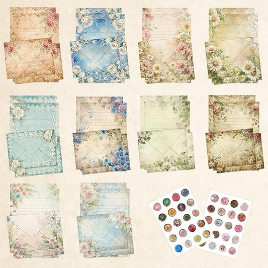 60 Vintage Floral Stationery Set - 30 Lined Writing Paper 30 Matching Envelopes 40 Self-Adhesive Seals Stickers - Bleed-Resistant Paper for Camp Letters Birthday Notes (Vintage)