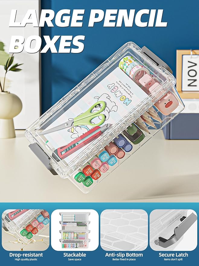 4 Pack Extra Large Pencil Box, Plastic Pencil Case Organizer, Clear Crayon Box Marker Organizer, Stackable Craft Organizers and Storage for Pen, Craft, Art Supply(Grey)