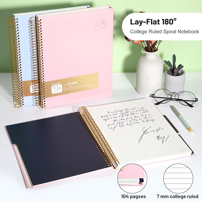 FLYING EAGLE 3 Subject Notebook Large Spiral Notebook 8.5 X 11, Pink Notebook for Women Men, 100 GSM Thick Paper 104 Sheets, Hardcover Notebook for Work, School, Writing, Note Taking Pink