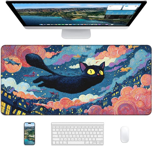 XL Gaming Mouse Pad, 31.5x17.5'' Large Desk Mat with Anti-Slip Rubber Base & Stitched Edges for Gaming, Office, Home - Flying Cat