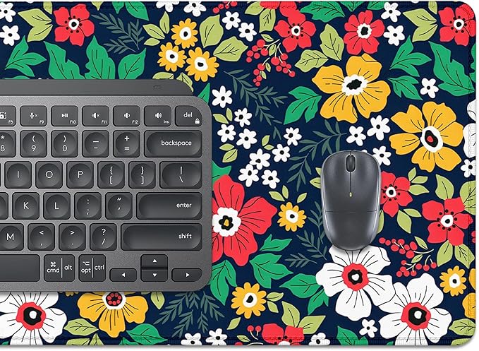 Colorful Floral and Green Leaves Desk Pad Mouse Pad,Flowers XL Mouse Mat with Stitched Edges,Non-Slip Rubber Base Large Mousepad for Office PC Keyboard Laptop and Homework Desk Mat(31.5X11.8 in)