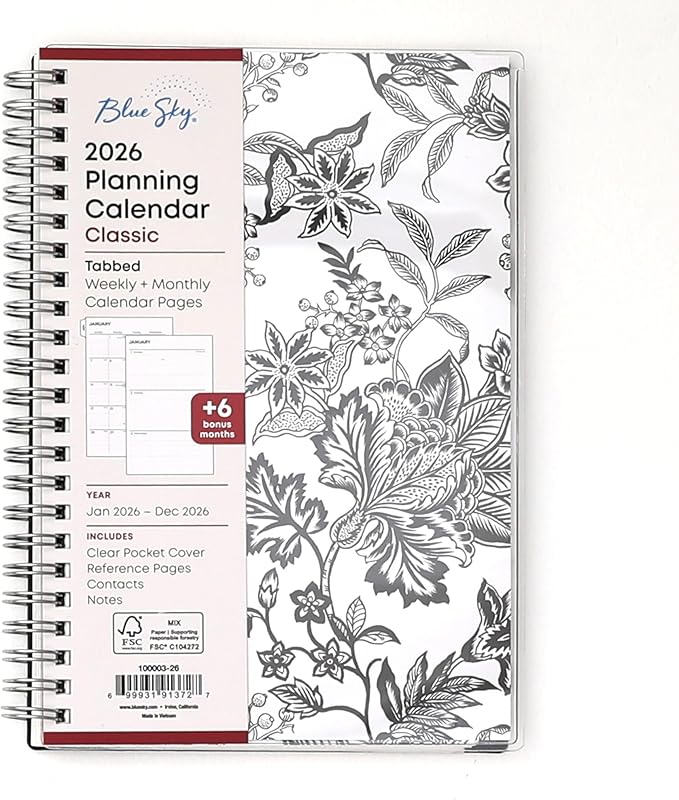 Blue Sky 2026 Weekly and Monthly Planner Calendar, January 2026 - December 2026, 5" x 8", Clear Pocket Cover, Laminated Tabs, Durable Twin Wire Binding, Analeis