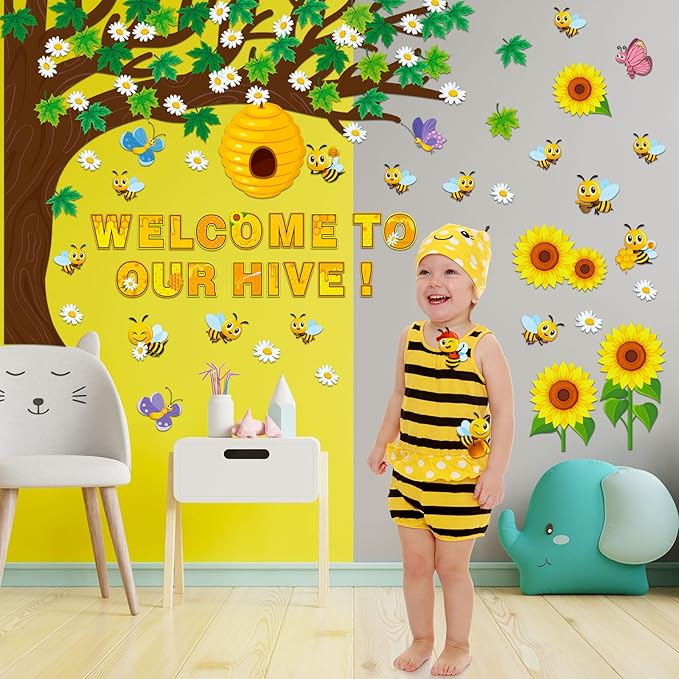 Zonon 111 Pcs Bee Bulletin Board Decorations Summer Sunflower Classroom Decorations Beehive Classroom Tree Cutouts Bulletin Board for Back to School Party Supplies(Vibrant Style)