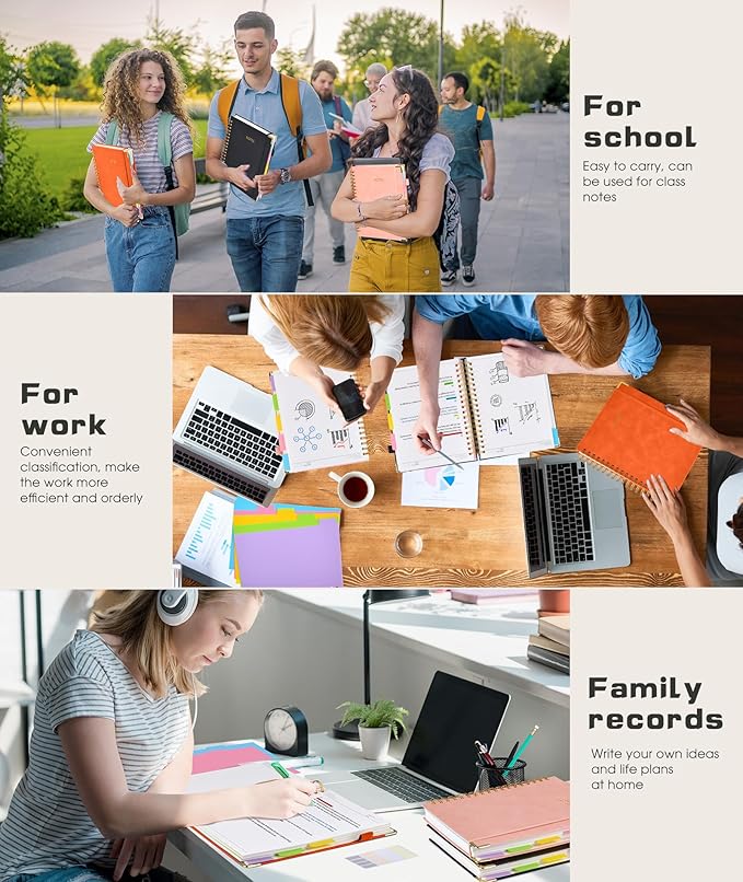 Hardcover Spiral Notebook 8.5"x11" Journal with Removable Dividers Tabs, 300 Pages Leather 5 Subject Notebook College Ruled, Large Notebooks for Work School, Lined Journal for Women, A4 Orange