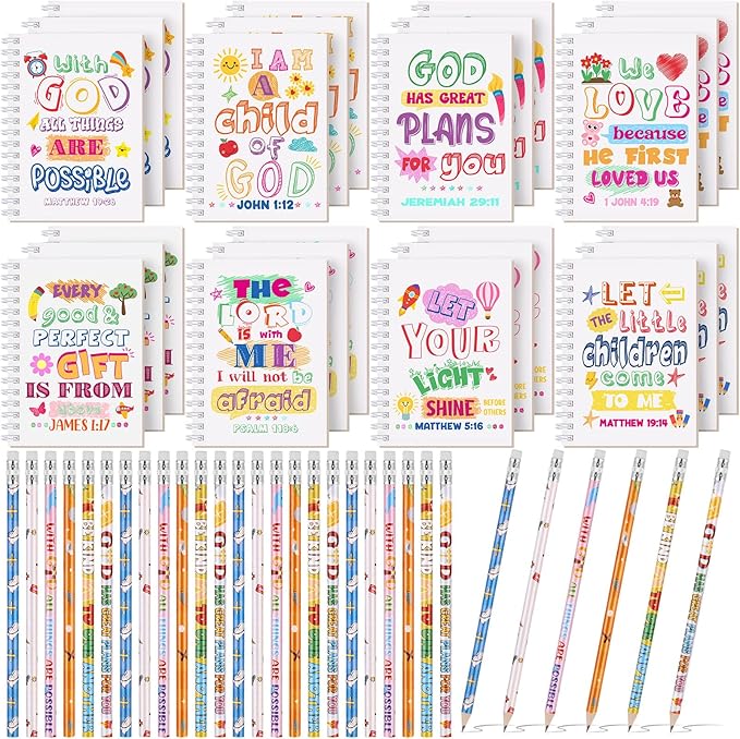 Crtiin Easter 48 Pcs Include 24 Bible Verse Notepad 24 Pencils Kids Christian Church Gifts Students Classroom Award Religious Notebook Bible Pencils Prayer Pocket School (White Jesus,White)