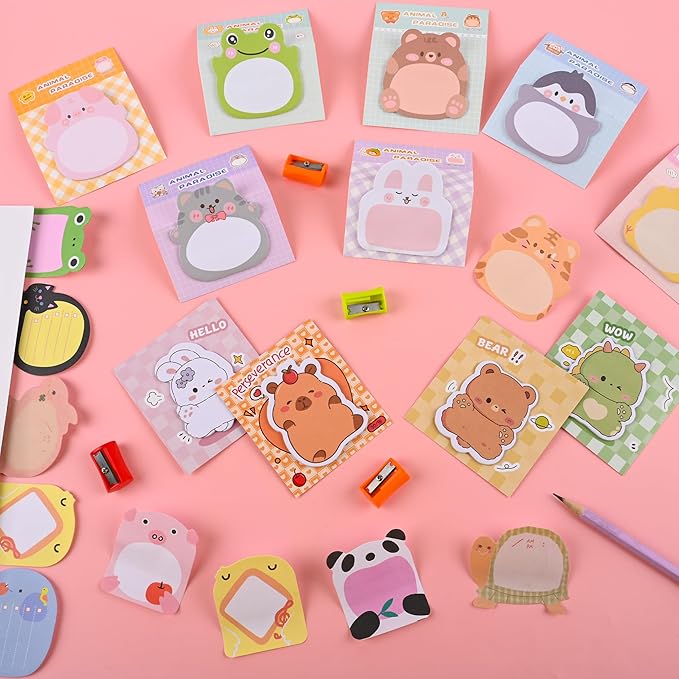 100Pcs Cute Cartoon Animal Sticky Notes Party Favors Kawaii Mini Sticky Notes for Teacher Appreciation Gift Classrooms Rewards Memo Pads Notes Page School Tab for School Office Supplies