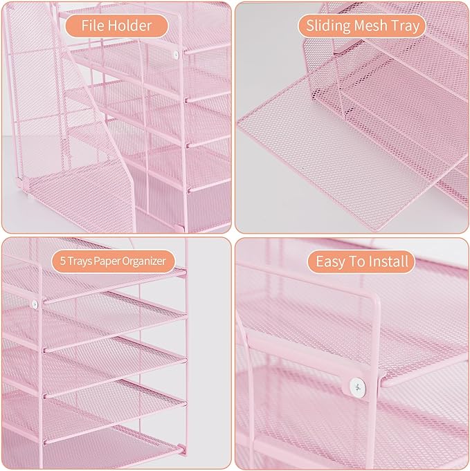 Desk Organizers and Accessories, 5-Tier Paper Letter Tray Organizer with File Holder, Desktop Organizer for Office Supplies (Pink)