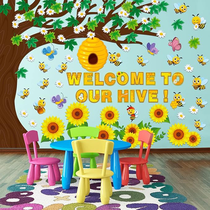 Zonon 111 Pcs Bee Bulletin Board Decorations Summer Sunflower Classroom Decorations Beehive Classroom Tree Cutouts Bulletin Board for Back to School Party Supplies(Vibrant Style)