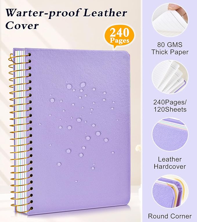 5 Subject Notebook College Ruled, A5 Hardcover Spiral Notebook with Removable Pocket Dividers Tabs, 240 Pages Lined Spiral Journal Notebook for Women, 6x8.5 Notebooks for Work School Note taking purple