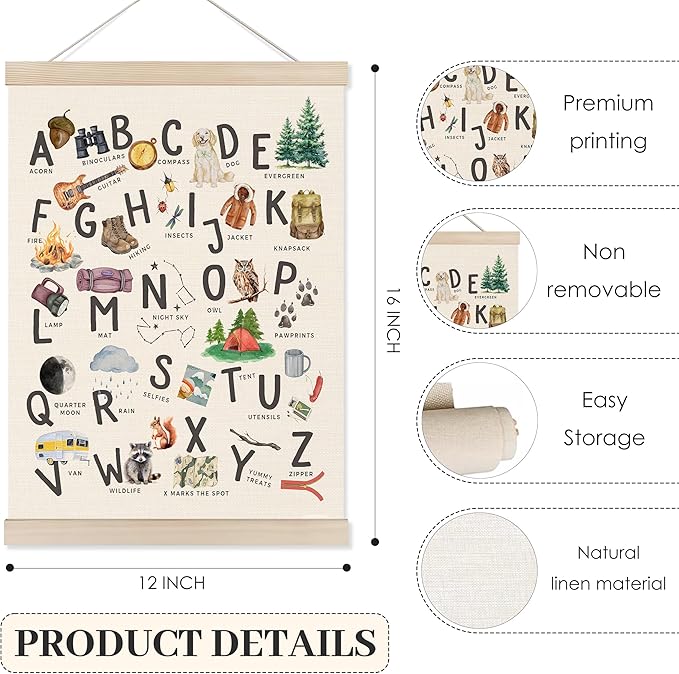 Koesus Camping Alphabet Nursery Wall Art Poster Hanger Frame 12x16 Inch, Camper RV Decor, ABC Educational Learning Canvas Pictures Prints Framed Wall Decor for Kids Room Nursery Preschool Classroom